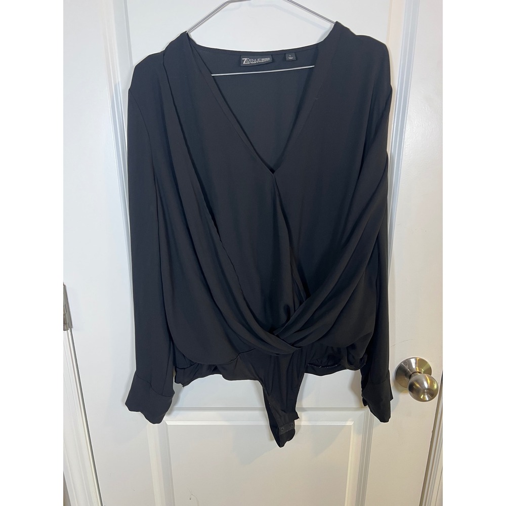 New York &‎ Company Womens Bodysuit V-Neck Twist Front Long Sleeve Black Size Lg